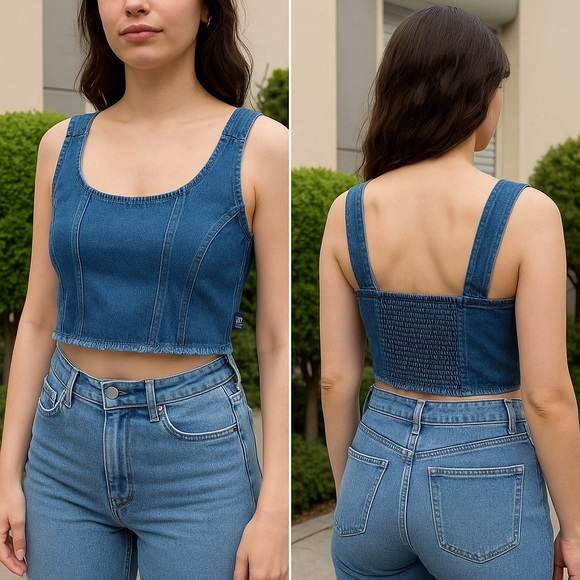 NWT Lone Star Blue Denim Corset Crop Top Smocked Back & Front Raw Hem  – Size M - Picture 1 of 8
